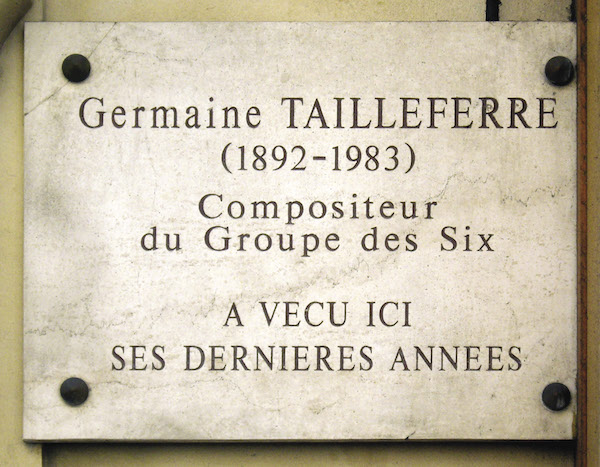 Plaque on Germaine Tailleferre's last home - rue d'Assas 87 in Paris